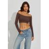 imageLASLULU Womens Off The Shoulder Tops Seamless Long Sleeve Workout Crop Top Sexy Gym Yoga Going Out Tops ShirtsCoffee