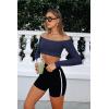 imageLASLULU Womens Off The Shoulder Tops Seamless Long Sleeve Workout Crop Top Sexy Gym Yoga Going Out Tops ShirtsDeep Blue