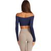 imageLASLULU Womens Off The Shoulder Tops Seamless Long Sleeve Workout Crop Top Sexy Gym Yoga Going Out Tops ShirtsDeep Blue