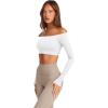 imageLASLULU Womens Off The Shoulder Tops Seamless Long Sleeve Workout Crop Top Sexy Gym Yoga Going Out Tops ShirtsWhite