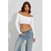 imageLASLULU Womens Off The Shoulder Tops Seamless Long Sleeve Workout Crop Top Sexy Gym Yoga Going Out Tops ShirtsWhite