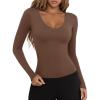 imageLASLULU Womens Long Sleeve Sexy V Neck T Shirts Basic Workout Tops Athletic Yoga Casual Crop TopCoffee
