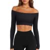imageLASLULU Womens Off The Shoulder Tops Seamless Long Sleeve Workout Crop Top Sexy Gym Yoga Going Out Tops ShirtsBlack