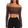 imageLASLULU Womens Off The Shoulder Tops Seamless Long Sleeve Workout Crop Top Sexy Gym Yoga Going Out Tops ShirtsCoffee