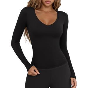 imageLASLULU Womens Long Sleeve Sexy V Neck T Shirts Basic Workout Tops Athletic Yoga Casual Crop TopBlack