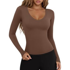 imageLASLULU Womens Long Sleeve Sexy V Neck T Shirts Basic Workout Tops Athletic Yoga Casual Crop TopCoffee