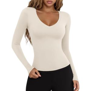 imageLASLULU Womens Long Sleeve Sexy V Neck T Shirts Basic Workout Tops Athletic Yoga Casual Crop TopCream White