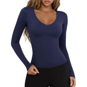 imageLASLULU Womens Long Sleeve Sexy V Neck T Shirts Basic Workout Tops Athletic Yoga Casual Crop TopNavy Blue