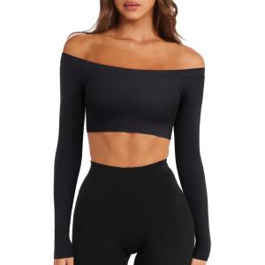 imageLASLULU Womens Off The Shoulder Tops Seamless Long Sleeve Workout Crop Top Sexy Gym Yoga Going Out Tops ShirtsBlack