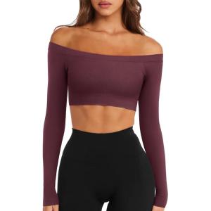 imageLASLULU Womens Off The Shoulder Tops Seamless Long Sleeve Workout Crop Top Sexy Gym Yoga Going Out Tops ShirtsBurgundy