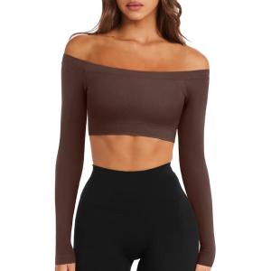 imageLASLULU Womens Off The Shoulder Tops Seamless Long Sleeve Workout Crop Top Sexy Gym Yoga Going Out Tops ShirtsCoffee