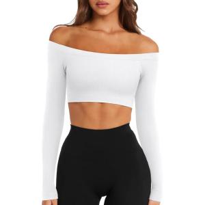 imageLASLULU Womens Off The Shoulder Tops Seamless Long Sleeve Workout Crop Top Sexy Gym Yoga Going Out Tops ShirtsWhite
