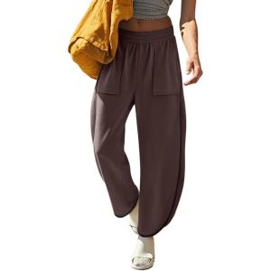 imageLASLULU Womens Baggy Wide Leg Sweatpants Casual Elastic High Waisted Palazzo Harem Pants with PocketsCoffee