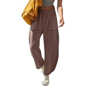 imageLASLULU Womens Baggy Wide Leg Sweatpants Casual Elastic High Waisted Palazzo Harem Pants with PocketsKhaki