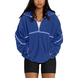 imageLASLULU Womens Half Zip Pullover Sweatshirt Sherpa Fleece Jacket Oversized Sweatshirts Warm Fuzzy Sweaters PocketsBright Blue