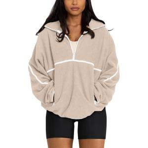 imageLASLULU Womens Half Zip Pullover Sweatshirt Sherpa Fleece Jacket Oversized Sweatshirts Warm Fuzzy Sweaters PocketsKhaki