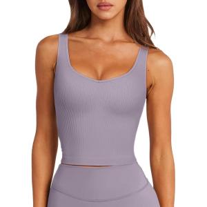 imageLASLULU Womens Longline Sports Bra Ribbed Seamless Wirefree Padded Tank Tops Medium Support Workout Casual Crop TopsHazy Lilac