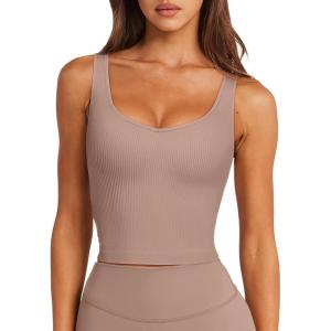 imageLASLULU Womens Longline Sports Bra Ribbed Seamless Wirefree Padded Tank Tops Medium Support Workout Casual Crop TopsSienna