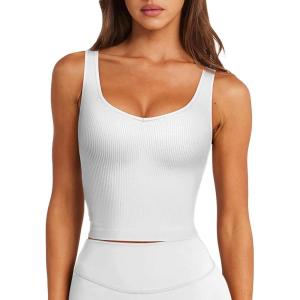 imageLASLULU Womens Longline Sports Bra Ribbed Seamless Wirefree Padded Tank Tops Medium Support Workout Casual Crop TopsWhite