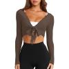 imageLASLULU Womens Tie Front Wrap Tops Long Sleeve Bolero Shrugs Crop Cardigan Yoga Ballet Cover up Tops Pilates OutfitsCoffee