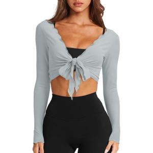imageLASLULU Womens Tie Front Wrap Tops Long Sleeve Bolero Shrugs Crop Cardigan Yoga Ballet Cover up Tops Pilates OutfitsAqua Green