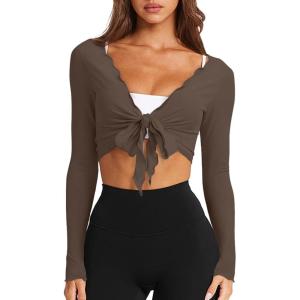 imageLASLULU Womens Tie Front Wrap Tops Long Sleeve Bolero Shrugs Crop Cardigan Yoga Ballet Cover up Tops Pilates OutfitsCoffee