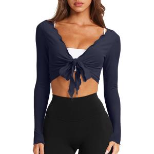 imageLASLULU Womens Tie Front Wrap Tops Long Sleeve Bolero Shrugs Crop Cardigan Yoga Ballet Cover up Tops Pilates OutfitsNavy Blue