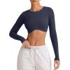 imageLASLULU Womens Sexy Double Lined Long Sleeve Shirts Crewneck Workout Tops Athletic Yoga Shirts Going Out Crop TopsNavy Blue