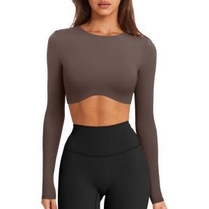 imageLASLULU Womens Sexy Double Lined Long Sleeve Shirts Crewneck Workout Tops Athletic Yoga Shirts Going Out Crop TopsCoffee