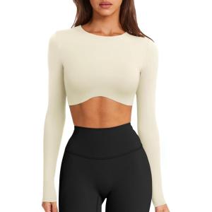imageLASLULU Womens Sexy Double Lined Long Sleeve Shirts Crewneck Workout Tops Athletic Yoga Shirts Going Out Crop TopsCream White