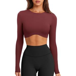 imageLASLULU Womens Sexy Double Lined Long Sleeve Shirts Crewneck Workout Tops Athletic Yoga Shirts Going Out Crop TopsRust Red