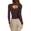 imageLASLULU Womens Long Sleeve Workout Tops Active Sheer Fitted Open Back Gym Yoga Athletic Running Tops Pilates OutfitsCoffee