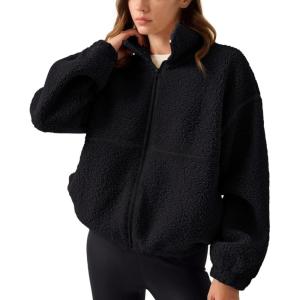 imageLASLULU Womens Fuzzy Sherpa Fleece Jacket Zip Up Oversized Sweatshirts Long Sleeve Winter Clothes Warm SweaterBlack