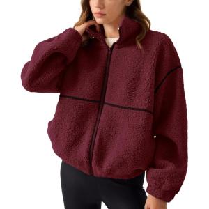 imageLASLULU Womens Fuzzy Sherpa Fleece Jacket Zip Up Oversized Sweatshirts Long Sleeve Winter Clothes Warm SweaterBurgundy