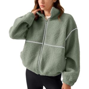 imageLASLULU Womens Fuzzy Sherpa Fleece Jacket Zip Up Oversized Sweatshirts Long Sleeve Winter Clothes Warm SweaterSage Green