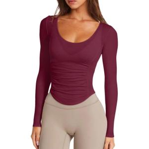 imageLASLULU Womens Long Sleeve Workout Tops Active Sheer Fitted Open Back Gym Yoga Athletic Running Tops Pilates OutfitsBurgundy