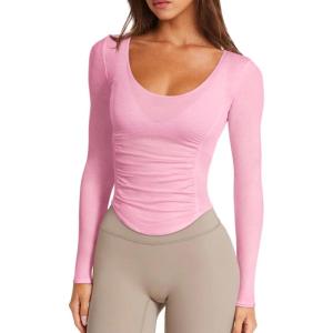 imageLASLULU Womens Long Sleeve Workout Tops Active Sheer Fitted Open Back Gym Yoga Athletic Running Tops Pilates OutfitsPink