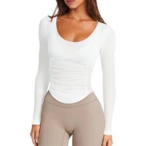 imageLASLULU Womens Long Sleeve Workout Tops Active Sheer Fitted Open Back Gym Yoga Athletic Running Tops Pilates OutfitsWhite