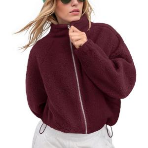 imageLASLULU Womens Fleece Jackets Full Zip Faux Fur Sherpa Jackets 2025 Fashion Trendy Fall Winter Jacket Warm Coats OuterwearBurgundy