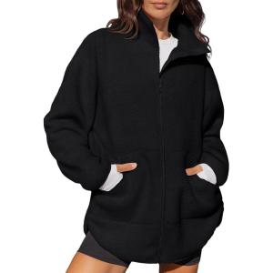 imageLASLULU Womens Full Zip Fleece Long Jacket Sherpa Oversized Sweatshirts Stand Collar Winter Coat Warm SweaterBlack