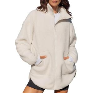 imageLASLULU Womens Full Zip Fleece Long Jacket Sherpa Oversized Sweatshirts Stand Collar Winter Coat Warm SweaterCloud White