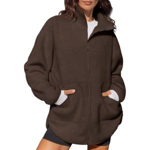 imageLASLULU Womens Full Zip Fleece Long Jacket Sherpa Oversized Sweatshirts Stand Collar Winter Coat Warm SweaterEspresso
