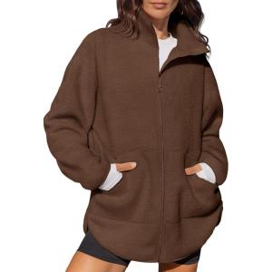 imageLASLULU Womens Full Zip Fleece Long Jacket Sherpa Oversized Sweatshirts Stand Collar Winter Coat Warm SweaterMoss Brown