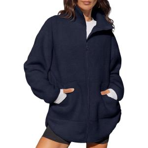 imageLASLULU Womens Full Zip Fleece Long Jacket Sherpa Oversized Sweatshirts Stand Collar Winter Coat Warm SweaterNavy Blue
