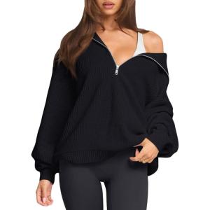 imageLASLULU Womens Half Zip Pullover Sweaters Oversized Long Sleeve Fall Winter Sweaters 2025 Trendy Clothes OutfitsBlack