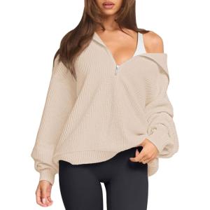 imageLASLULU Womens Half Zip Pullover Sweaters Oversized Long Sleeve Fall Winter Sweaters 2025 Trendy Clothes OutfitsButter Cream