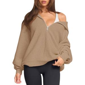 imageLASLULU Womens Half Zip Pullover Sweaters Oversized Long Sleeve Fall Winter Sweaters 2025 Trendy Clothes OutfitsCamel
