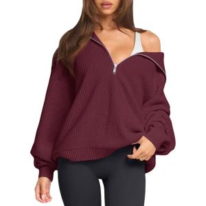 imageLASLULU Womens Half Zip Pullover Sweaters Oversized Long Sleeve Fall Winter Cozy Sweaters 2025 Trendy Clothes OutfitsBurgundy