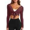 imageLASLULU Womens Tie Front Wrap Tops Long Sleeve Bolero Shrugs Crop Cardigan Yoga Ballet Cover up Tops Pilates OutfitsBurgundy