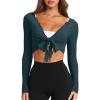 imageLASLULU Womens Tie Front Wrap Tops Long Sleeve Bolero Shrugs Crop Cardigan Yoga Ballet Cover up Tops Pilates OutfitsDeep Teal